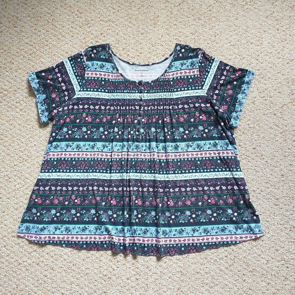 Woman Within Top Popover Tunic Women 3X Floral Pintuck Cotton Blend Short Sleeve